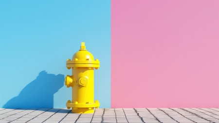 A striking yellow fire hydrant stands against a vibrant blue and pink background, creating a bold and modern urban aesthetic perfect for creative projects.の素材