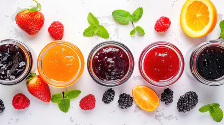 Brightly colored jars of fruit jams arranged on a white surface, surrounded by fresh berries and citrus fruit, showcasing vibrant flavors and natural ingredients.の素材