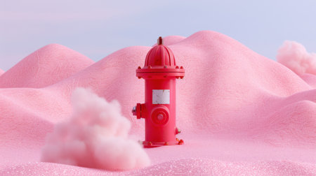 This vibrant image features a bright red fire hydrant in a whimsical pink landscape with fluffy clouds, creating a playful and surreal atmosphere.の素材