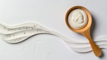 A top-down view of creamy sauce in a wooden bowl placed on a smooth white surface, featuring decorative lines and textures for a modern culinary presentation.の素材