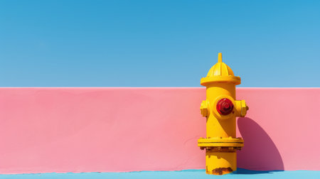 A vibrant yellow fire hydrant stands confidently against a colorful pink and blue wall, framed by a clear blue sky, creating a playful urban scene.の素材