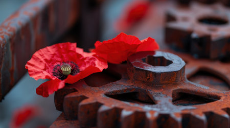 A captivating close-up view of vibrant red poppy petals resting on aged rusty gears. The contrasting elements create a gripping visual interplay of nature and industry.の素材