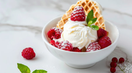 This delightful dessert features a lush bowl of vanilla ice cream crowned with ripe raspberries, a crisp waffle, and fresh mint, perfect for any occasion.の素材