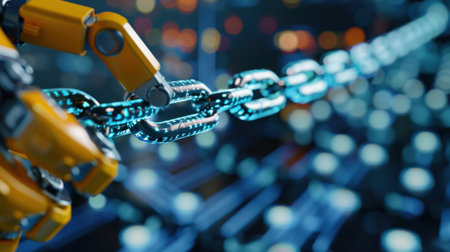 A close-up view of a robotic arm manipulating glowing digital chain links in a futuristic warehouse, highlighting advancements in industry automation and technology.の素材