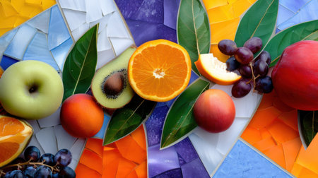 A stunning display of fresh fruits including apples, oranges, and grapes arranged on a striking mosaic background. Perfect for food and health themes.の素材