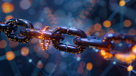 A captivating digital representation of chain links illuminated by vibrant nodes, symbolizing technology, connectivity, and innovation in a modern world.の素材