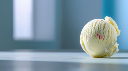 A single scoop of creamy vanilla ice cream with colorful pink swirls rests on a table, inviting indulgence in a bright, airy space ideal for summer enjoyment.の素材