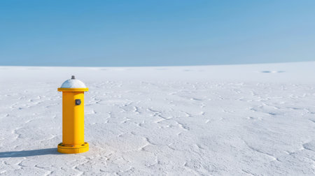 A vibrant yellow fire hydrant stands alone on a vast snowy landscape, contrasting beautifully with the clear blue sky, capturing a sense of tranquility and isolation.の素材