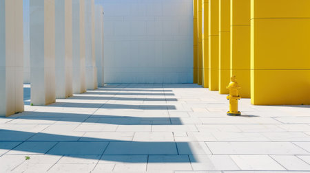 This image showcases a vibrant yellow fire hydrant juxtaposed against modern architectural elements, highlighting geometric shapes and contrasting shadows.の素材
