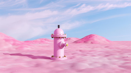 A whimsical pink fire hydrant stands alone in a soft pink landscape, under a dreamy blue sky with fluffy white clouds, creating a surreal atmosphere.の素材