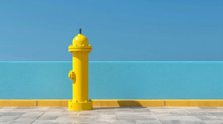 A vibrant yellow fire hydrant stands tall against a bright blue sky, complemented by a striking ocean blue backdrop, symbolizing safety and urban design.の素材