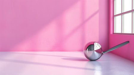 This artistic image features a reflective metal sphere next to a spoon set against a vibrant pink wall. Soft shadows enhance the contemporary vibe.の素材