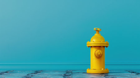 A bright yellow fire hydrant stands alone against a vibrant blue wall, showcasing a modern and minimalist design with a smooth floor beneath.の素材