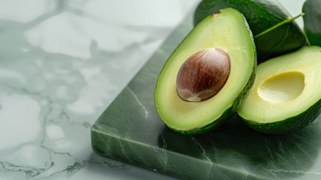 This image showcases freshly sliced avocado halves resting on a smooth marble surface, emphasizing the vibrant green color and rich texture ideal for promoting healthy eating.の素材