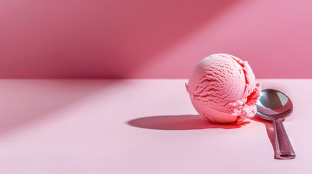 A visually appealing close-up of a single scoop of creamy pink ice cream resting on a smooth pink surface, accompanied by a shiny metal spoon, creating an inviting and cheerful atmosphere.の素材