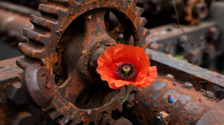 A striking poppy flower stands out against a backdrop of weathered rust and machinery, symbolizing nature's resilience in an industrial landscape.の素材