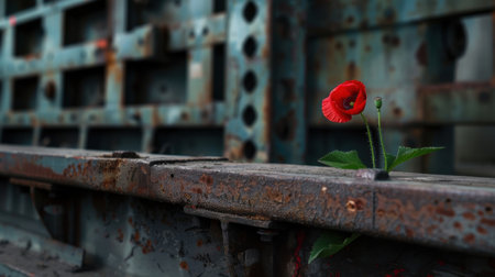 A striking red poppy flower stands alone amidst a rugged, rusty industrial backdrop, symbolizing resilience and beauty in urban decay.の素材