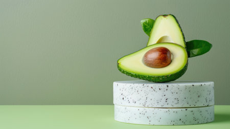 This image features a freshly sliced avocado with a pit, surrounded by vibrant green leaves, all set against a modern background to highlight healthy eating themes.の素材