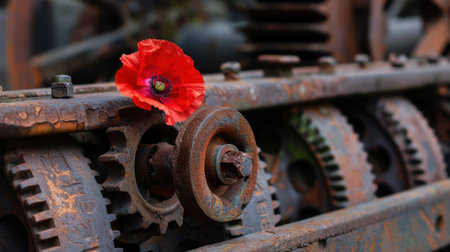A striking red poppy flower rests on a weathered gear, representing the intersection of nature and industry. This detailed image highlights beauty amid decay.の素材