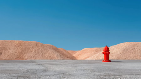 A striking red fire hydrant stands alone on a concrete surface, framed by orange hills under a vivid blue sky, capturing a unique urban scene.の素材