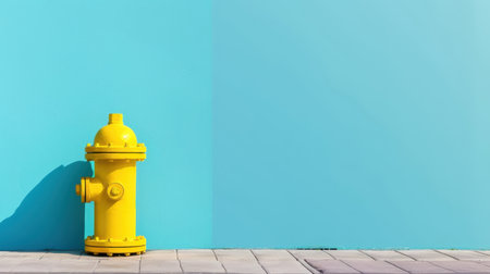 A bright yellow fire hydrant stands out against a vibrant blue wall, creating a striking visual contrast. The modern urban setting features clean tile flooring.の素材