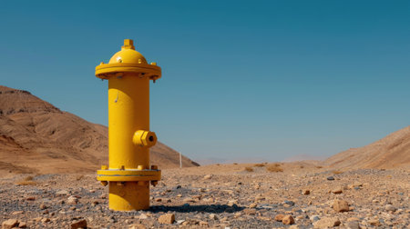 This image features a bright yellow fire hydrant standing singularly on a rocky desert landscape, showcasing emergency preparedness in an arid environment.の素材