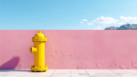 This image features a vibrant yellow fire hydrant positioned against a striking pink wall and a scenic mountainous landscape, creating a unique urban setting.の素材