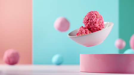 This vibrant image features colorful ice cream scoops elegantly floating in a bowl against a playful pastel background, perfect for evoking fun and creativity.の素材