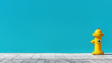 A bright yellow fire hydrant stands prominently against a vivid turquoise background, creating a striking contrast in a modern urban setting.の素材