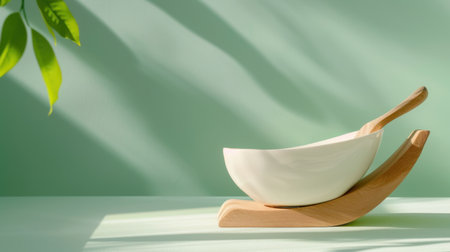 A minimalist white bowl elegantly positioned on a wooden stand, casting soft shadows against a soothing green background, showcasing modern design aesthetics.の素材