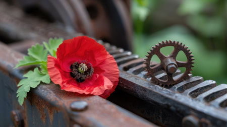 This stunning close-up features a vibrant red poppy flower resting on an aged, rusty mechanical gear, showcasing a beautiful contrast between nature and industry.の素材