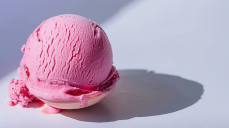 This image features a single scoop of pink strawberry ice cream sitting elegantly in a bowl, highlighting its creamy texture and sweetness. Natural light creates soft shadows, enhancing the aesthetic appeal. Perfect for food-related themes.の素材