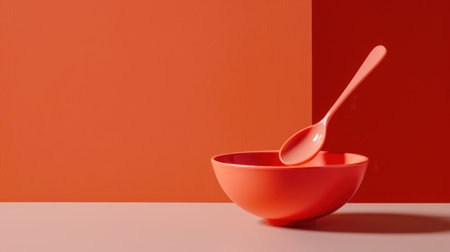 A striking image featuring a vibrant orange bowl and a matching spoon against a minimalist background, perfect for kitchen decor inspiration and modern design.の素材
