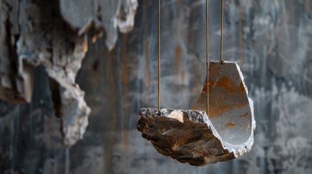 This abstract art installation showcases a suspended geometric rock sculpture against a textured background, embodying contemporary design and artistic innovation.の素材