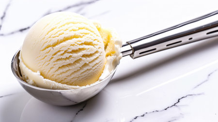 A single scoop of creamy vanilla ice cream elegantly placed in a stainless steel scoop on a clean marble surface. Perfect for dessert lovers seeking simplicity.の素材