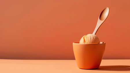 A soothing image featuring a scoop of creamy orange ice cream nestled in a minimalist ceramic bowl, accented with a wooden spoon on a warm orange backdrop. This visually appealing composition captures the essence of a sweet indulgence perfect for summer enjoyment.の素材