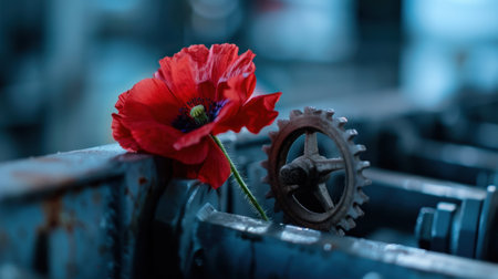 A striking red poppy flower rests gracefully on a rusty metal gear, creating a captivating contrast in an industrial setting. The soft blue background enhances the beauty and fragility of nature amidst man-made elements.の素材