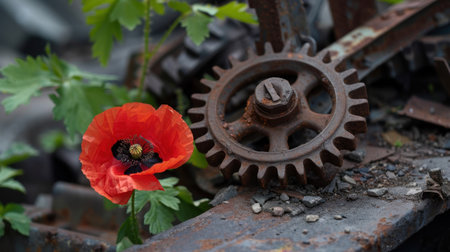 This image features a striking red poppy flower blooming beside an old rusty gear, creating a beautiful contrast between nature and industrial decay.の素材