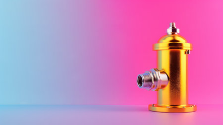 A stunning golden fire hydrant stands out against a vibrant blue and pink gradient background, perfect for modern creative projects and designs.の素材