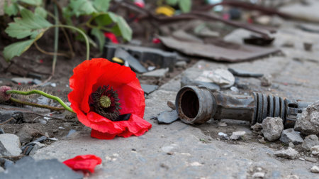 A striking red poppy flower stands alone on an urban ground littered with debris. The scene captures the contrast between beauty and decay, illustrating nature's resilience amidst a deteriorating environment.の素材