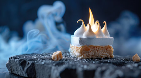 A stunning gourmet dessert featuring delicate meringue peaks, gracefully lit by a small flame, surrounded by wisps of smoke on a dark background.の素材