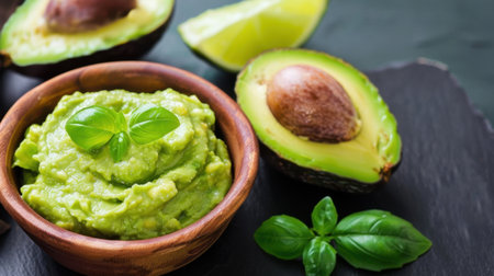 This vibrant image features a creamy avocado dip garnished with fresh basil and served in a rustic wooden bowl. Halved avocados and lime add freshness.の素材