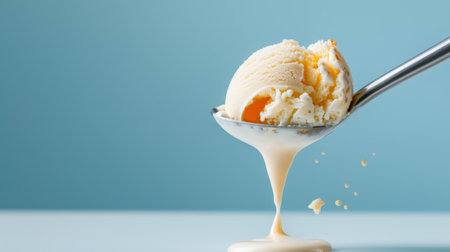 A close-up image featuring a delicious scoop of melting vanilla ice cream atop a spoon, drizzled with sweet sauce on a light blue background.の素材