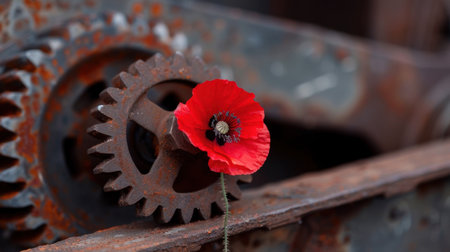 This striking image captures a vibrant red poppy flower gently resting on a rusty gear, symbolizing nature reclaiming industrial spaces. The vivid contrast highlights the beauty of growth amidst decay.の素材