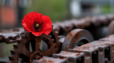 A striking red poppy flower rests atop rusty gears, creating a captivating contrast between vibrant nature and industrial machinery, evoking harmony.の素材