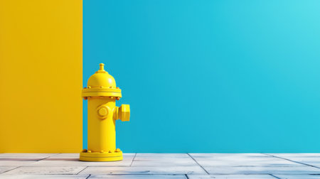 A bright yellow fire hydrant stands against a vibrant blue wall, creating an eye-catching contrast. The modern design and clean lines enhance any urban space.の素材