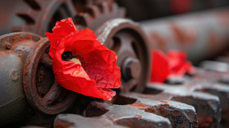 A stunning close-up photograph showcasing vibrant red poppy flowers contrasting against rusty industrial gears, emphasizing the beauty of nature intertwined with machinery.の素材