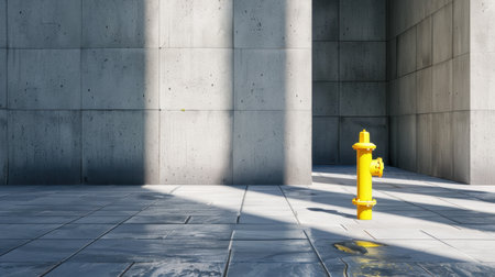 A striking yellow fire hydrant stands alone in an urban setting, surrounded by smooth concrete walls that emphasize modern architectural design.の素材