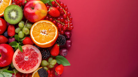 A vibrant composition of assorted fresh fruits, including apples, oranges, strawberries, and more, ideal for promoting healthy eating and nutrition.の素材