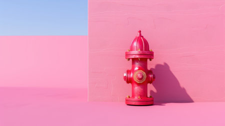 A vibrant pink fire hydrant stands against a soft pink wall, creating a whimsical and surreal minimalist scene perfect for artistic projects and modern design.の素材